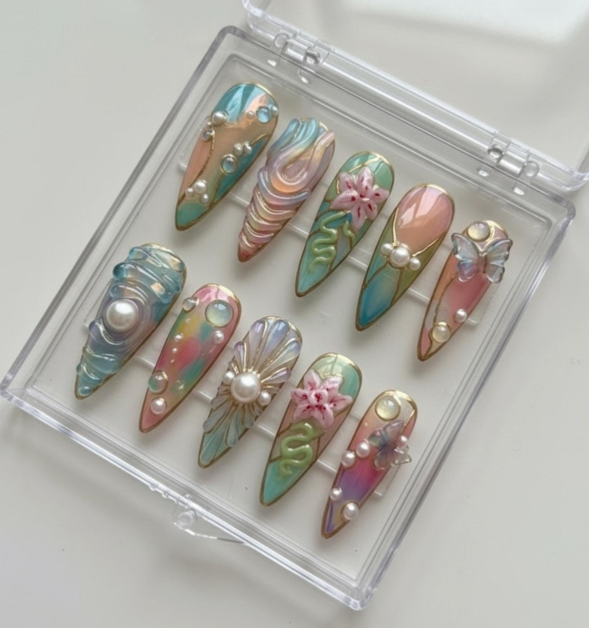 Mermaid Pearl press-on Nails; Pastel Ocean Nails.