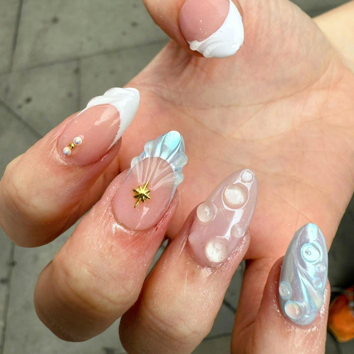 Mermaid press-on Nails: 3D Seashell, Iridescent Pearl, Handmade Gel Nails.
