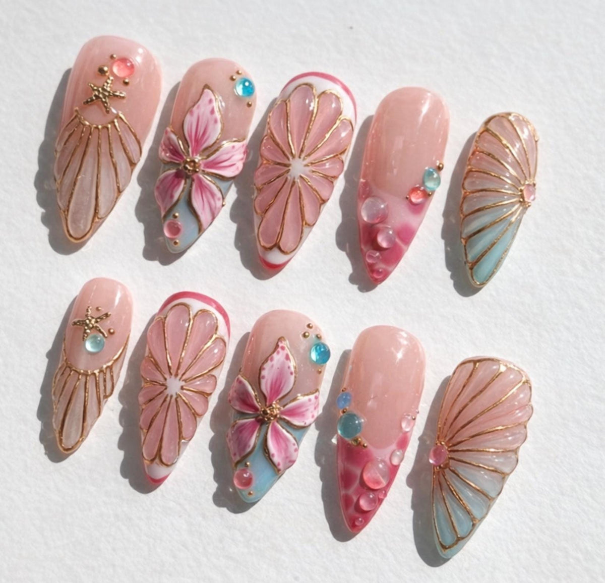 Mermaid Shell press-on Nails; Pink Floral Pearl Nails.