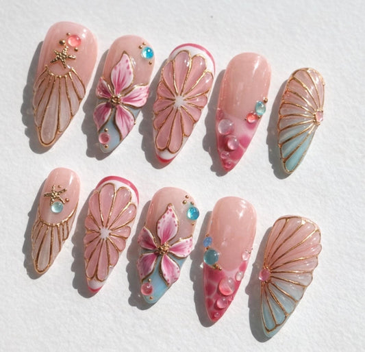 Mermaid Shell press-on Nails; Pink Floral Pearl Nails.