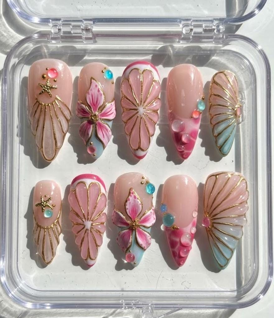 Mermaid Shell press-on Nails; Pink Floral Pearl Nails.