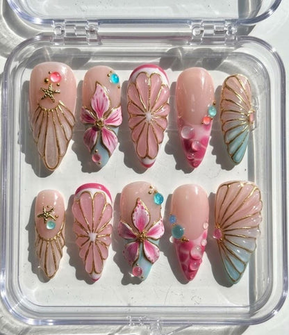 Mermaid Shell press-on Nails; Pink Floral Pearl Nails.