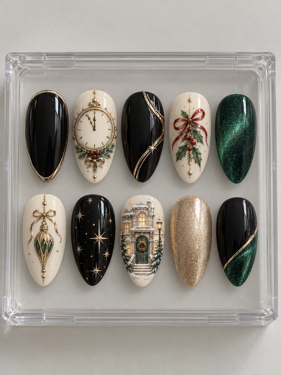 AI design mockup: Ten black, emerald, ivory and champagne Christmas press-on nails with antique-style clock, snowy townhouse, holly, hanging ornament and stars.