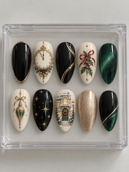 AI design mockup: Ten black, emerald, ivory and champagne Christmas press-on nails with antique-style clock, snowy townhouse, holly, hanging ornament and stars.