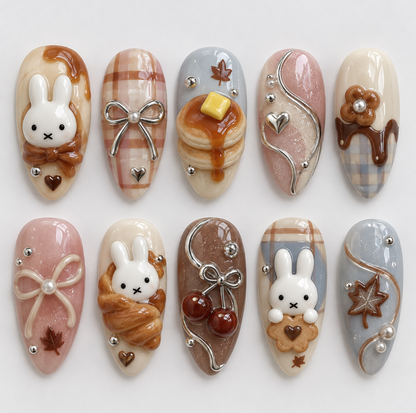 Miffy Fall press-on Nails, Autumn Bunny Nails, Cozy Pancake Nail Art, Plaid 3D Nails, Cute Maple Leaf Nails, Kawaii Fall Gift.