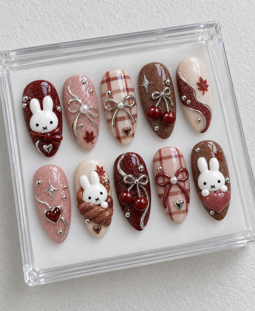 Miffy Fall press-on Nails, Burgundy Autumn Bunny Nails, Coquette Bow Nails, Cherry Plaid Nails, Cute 3D Fall Nail Set.