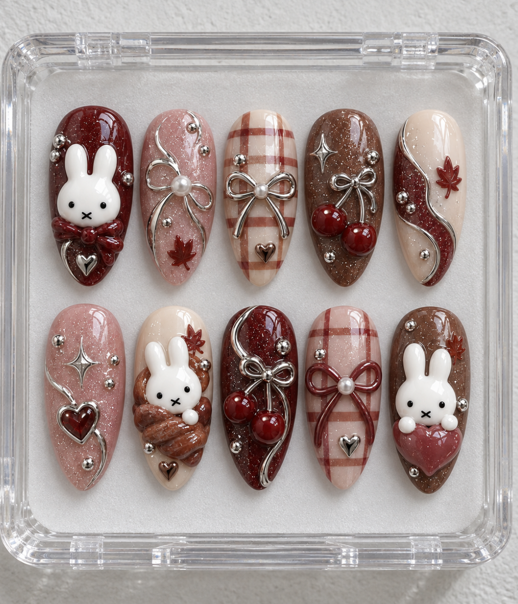 Miffy Fall press-on Nails, Burgundy Autumn Bunny Nails, Coquette Bow Nails, Cherry Plaid Nails, Cute 3D Fall Nail Set.