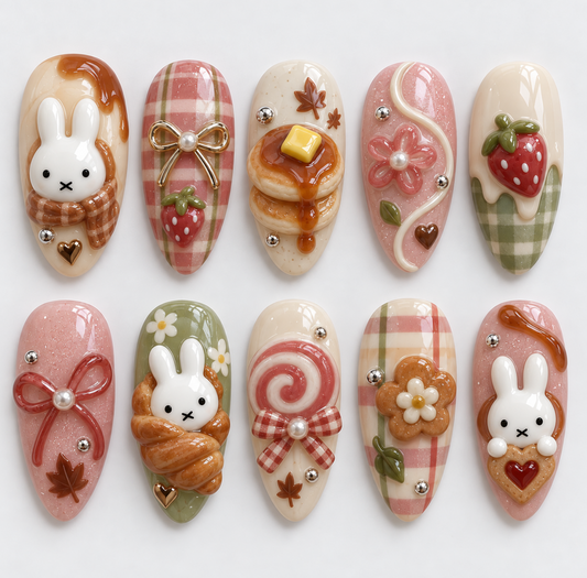 Miffy Fall press-on Nails, Strawberry Bunny Nails, Pink Autumn Nails, Pancake and Plaid 3D Nail Art, Cute Coquette Press Ons.