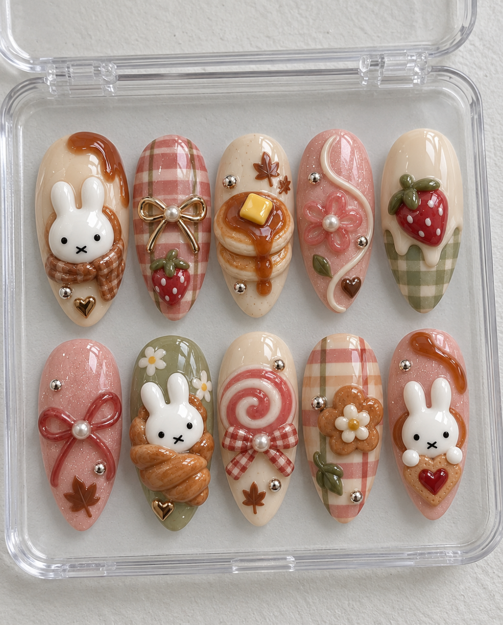 Miffy Fall press-on Nails, Strawberry Bunny Nails, Pink Autumn Nails, Pancake and Plaid 3D Nail Art, Cute Coquette Press Ons.