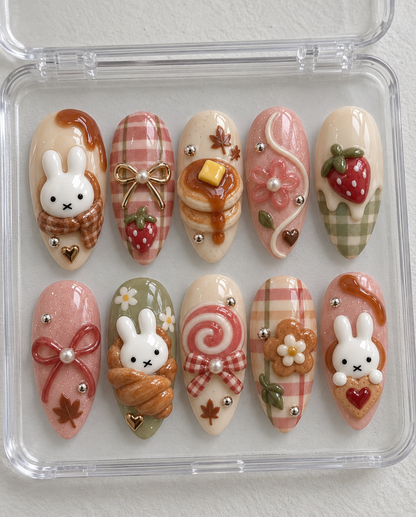 Miffy Fall press-on Nails, Strawberry Bunny Nails, Pink Autumn Nails, Pancake and Plaid 3D Nail Art, Cute Coquette Press Ons.