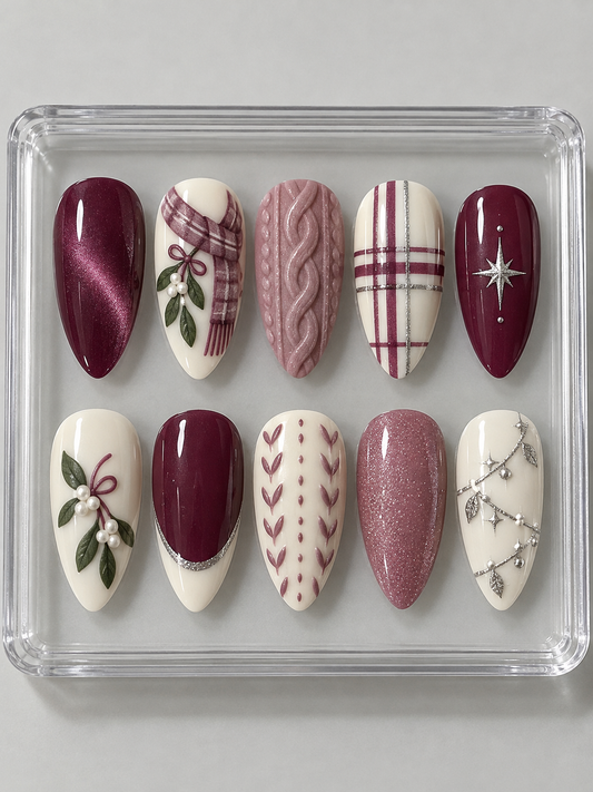 AI design mockup: Ten mulberry, mauve and cream Christmas press-on nails with scarf, mistletoe-inspired leaves, white berries, plaid and knit textures.