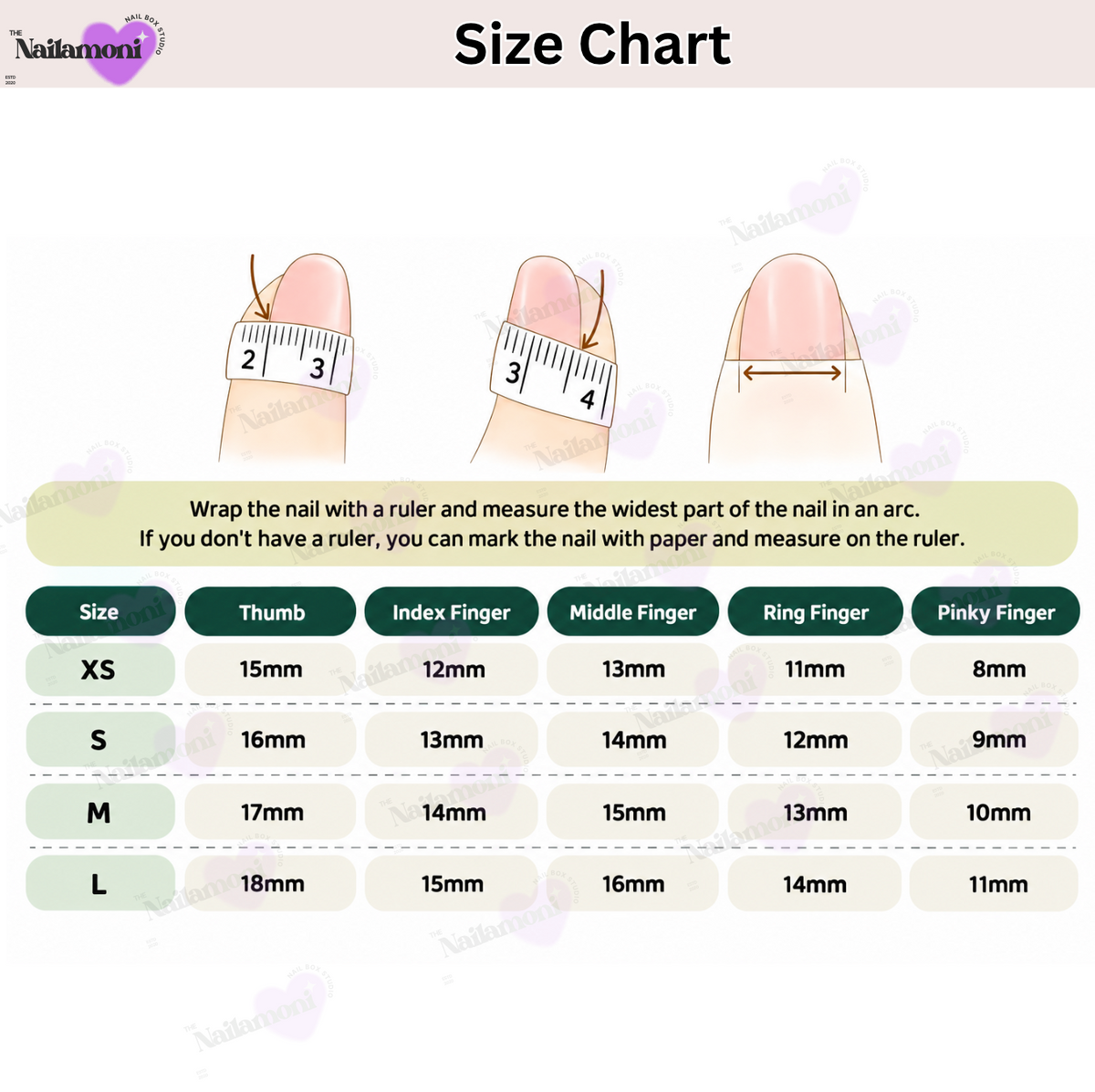 Nailamonni XS, S, M and L nail size chart with thumb-to-pinky widths in millimetres and measuring instructions.