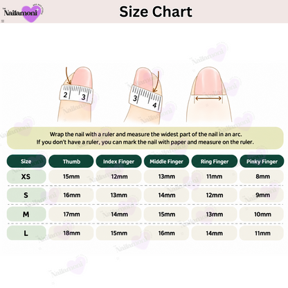 Nailamonni XS, S, M and L nail size chart with thumb-to-pinky widths in millimetres and measuring instructions.
