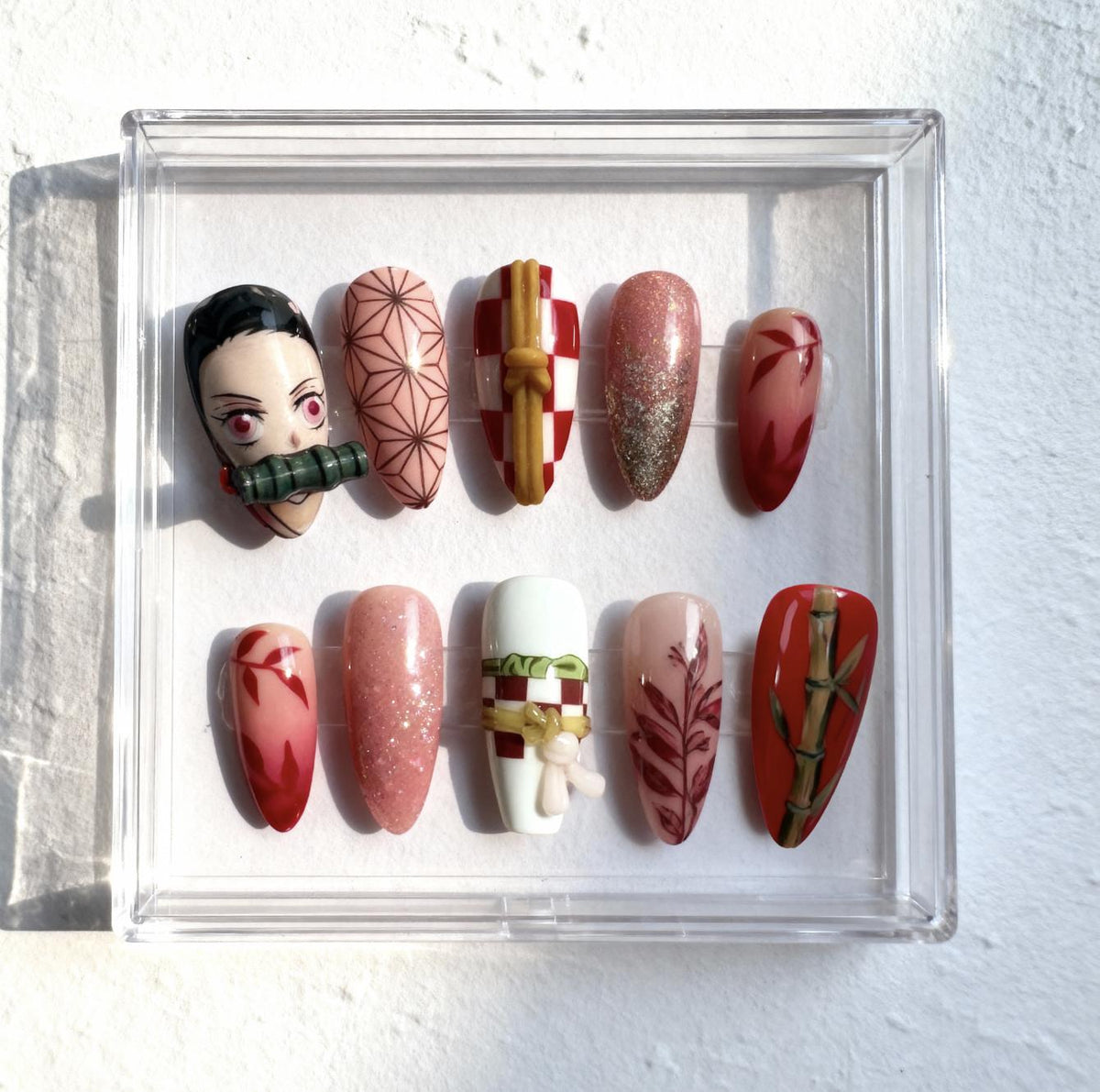 Nezuko press-on Nails; Demon Slayer Anime Nails.