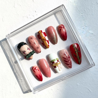 Nezuko press-on Nails; Demon Slayer Anime Nails.