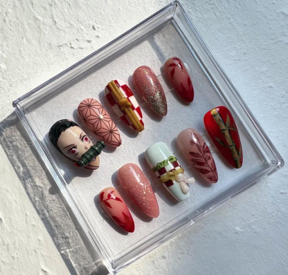 Nezuko press-on Nails; Demon Slayer Anime Nails.