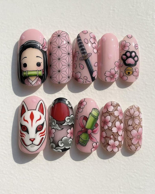 Nezuko press-on Nails; Demon Slayer press-on Nails.