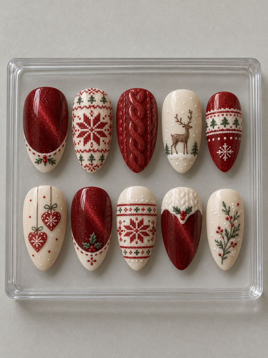 Ten red and cream Christmas press-on nails with fair-isle snowflakes, raised cable-knit textures, reindeer, hearts and holly.