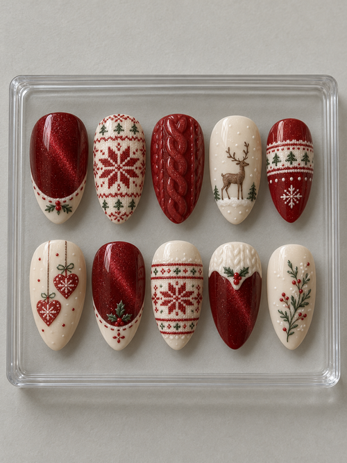 Ten red and cream Christmas press-on nails with fair-isle snowflakes, raised cable-knit textures, reindeer, hearts and holly.