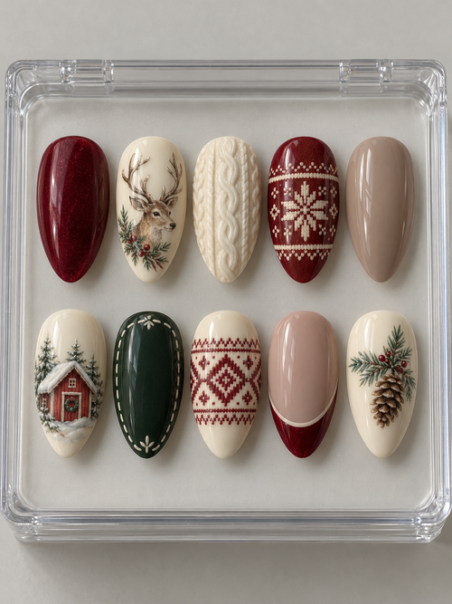 AI design mockup: Ten cranberry, cream, taupe and spruce Christmas press-on nails with reindeer, snowy red cottage, cable knit, fair-isle patterns and pinecone.
