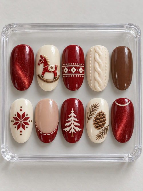 AI design mockup: ten cranberry, cream and cocoa Christmas press-on nails with a red rocking horse, Nordic diamonds, cable-knit texture, fir tree and pinecone.