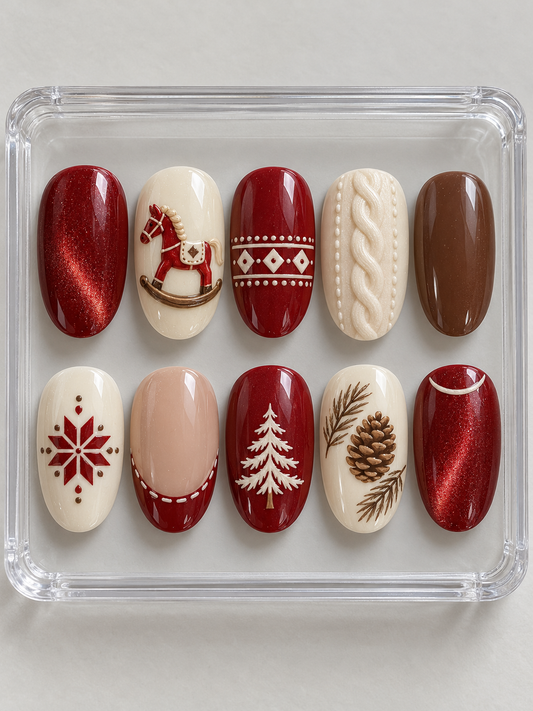 AI design mockup: ten cranberry, cream and cocoa Christmas press-on nails with a red rocking horse, Nordic diamonds, cable-knit texture, fir tree and pinecone.