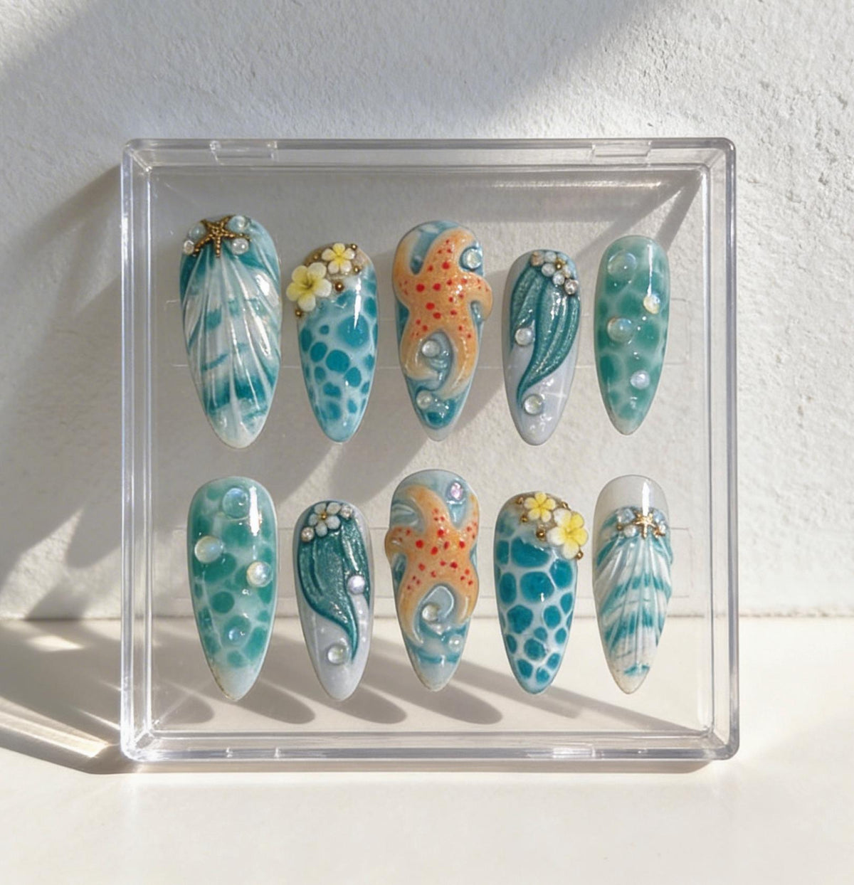 Ocean Mermaid press-on Nails; Beach Starfish Shell Nails.