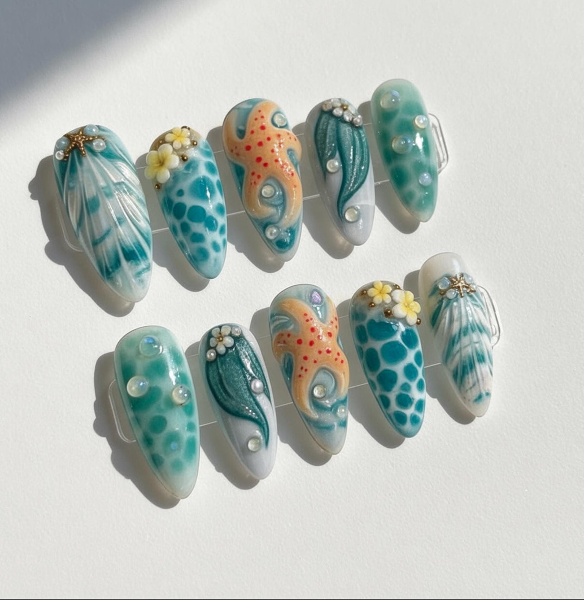 Ocean Mermaid press-on Nails; Beach Starfish Shell Nails.