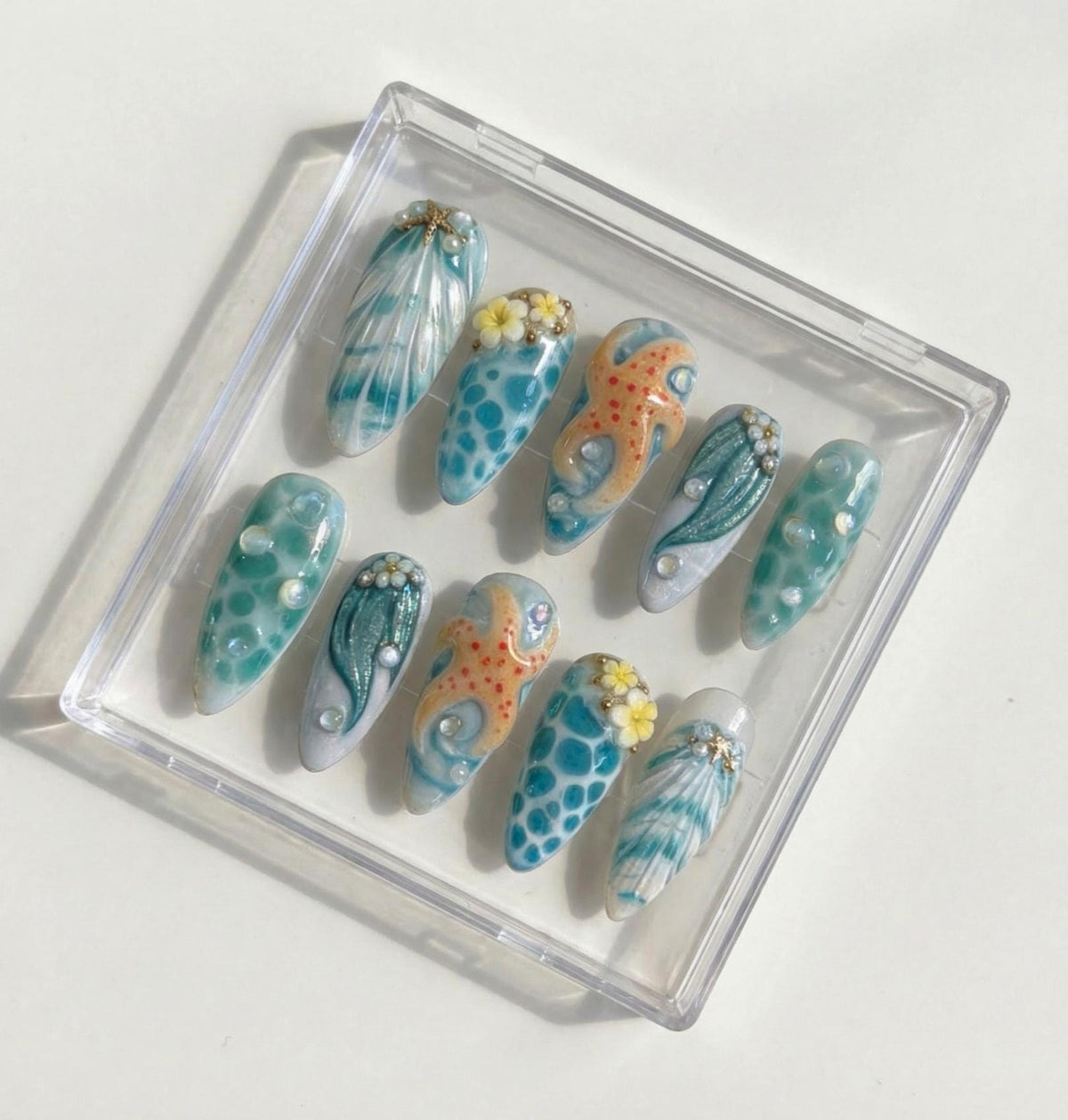 Ocean Mermaid press-on Nails; Beach Starfish Shell Nails.