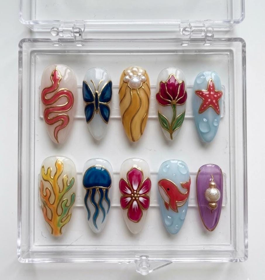 Ocean Summer press-on Nails; 3D Sea Life Nails.