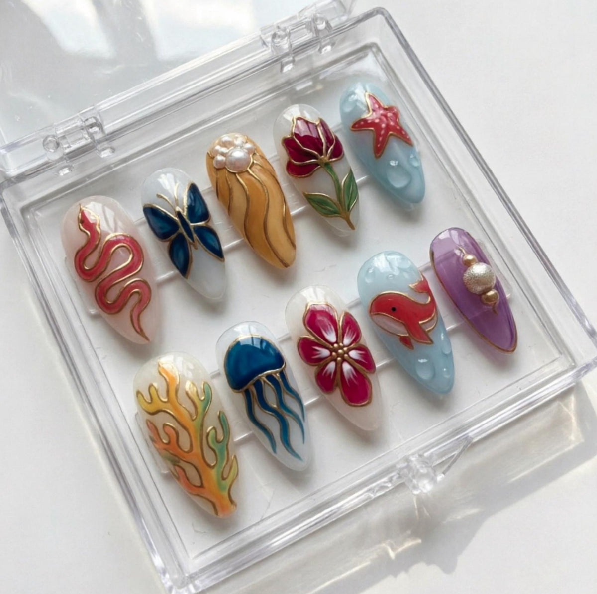 Ocean Summer press-on Nails; 3D Sea Life Nails.