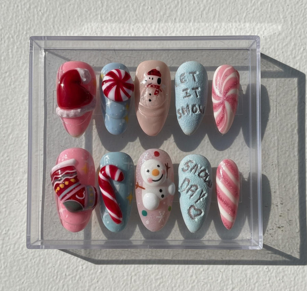Pastel Christmas press-on Nails; Cute Snowman and Candy Cane Nail Set.