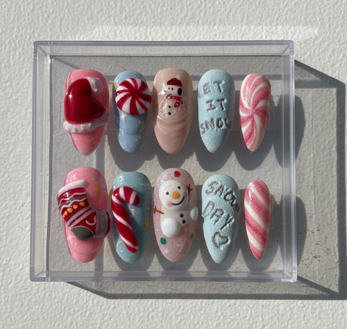 Pastel Christmas press-on Nails; Cute Snowman and Candy Cane Nail Set.