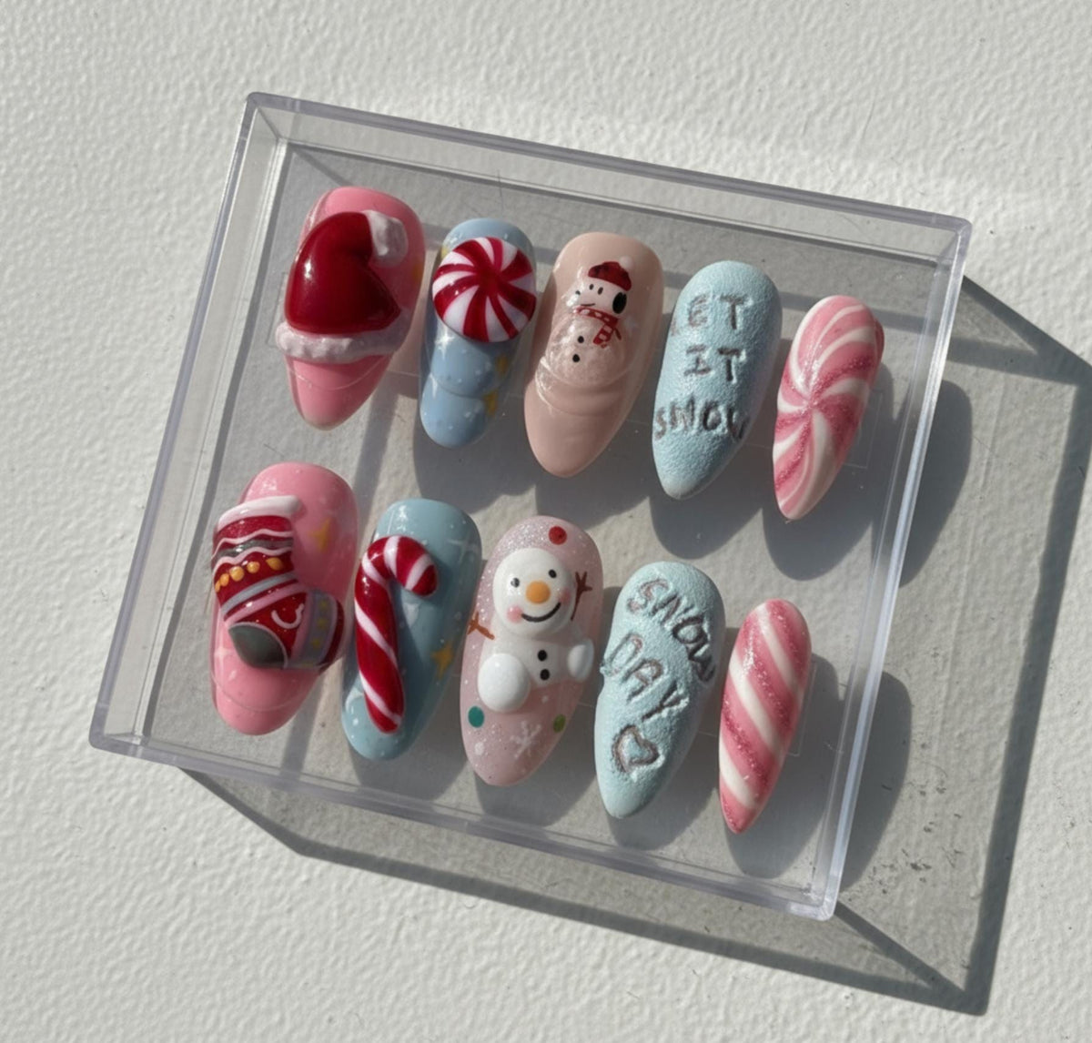 Pastel Christmas press-on Nails; Cute Snowman and Candy Cane Nail Set.