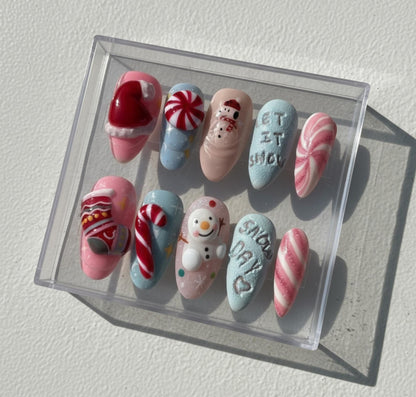Pastel Christmas press-on Nails; Cute Snowman and Candy Cane Nail Set.