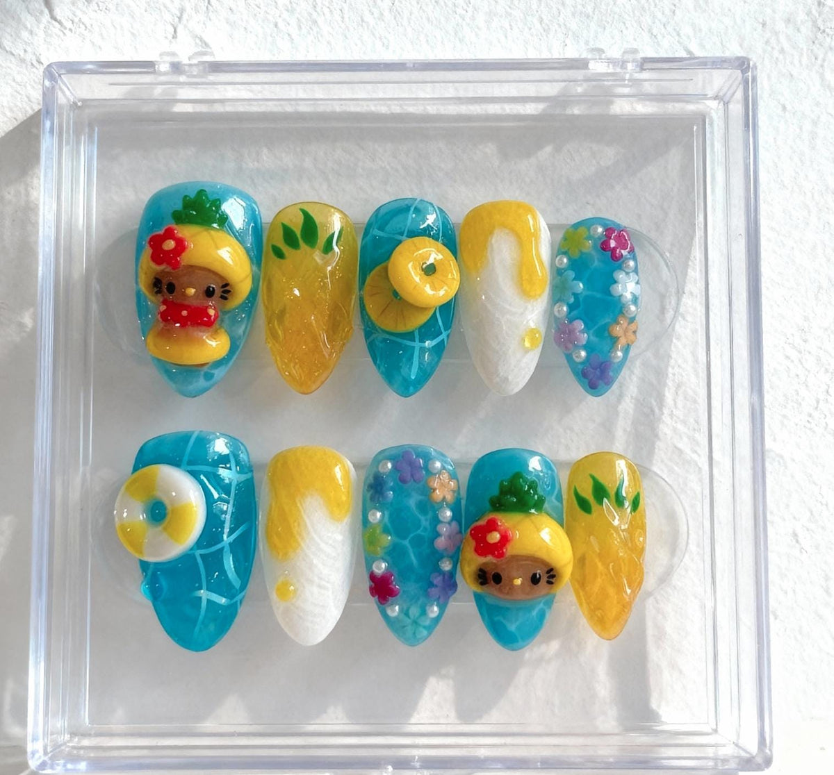 Pineapple Kitty Nails; Handmade 3D Tropical press-on Nails with Cute Summer Beach Design.