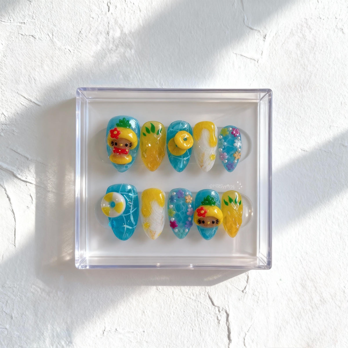 Pineapple Kitty Nails; Handmade 3D Tropical press-on Nails with Cute Summer Beach Design.