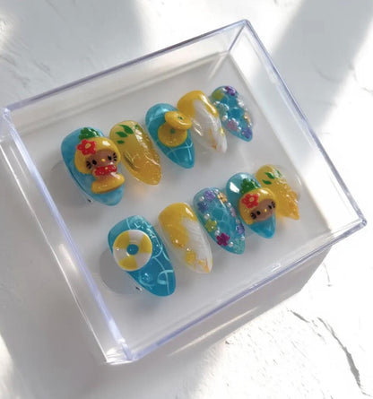 Pineapple Kitty Nails; Handmade 3D Tropical press-on Nails with Cute Summer Beach Design.