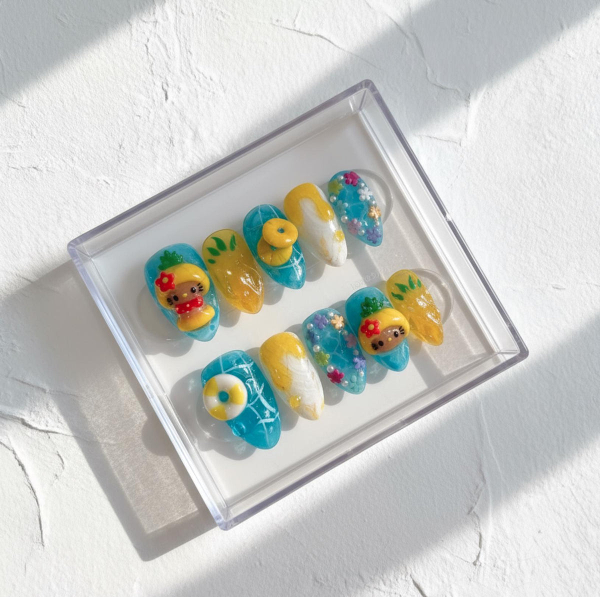 Pineapple Kitty Nails; Handmade 3D Tropical press-on Nails with Cute Summer Beach Design.