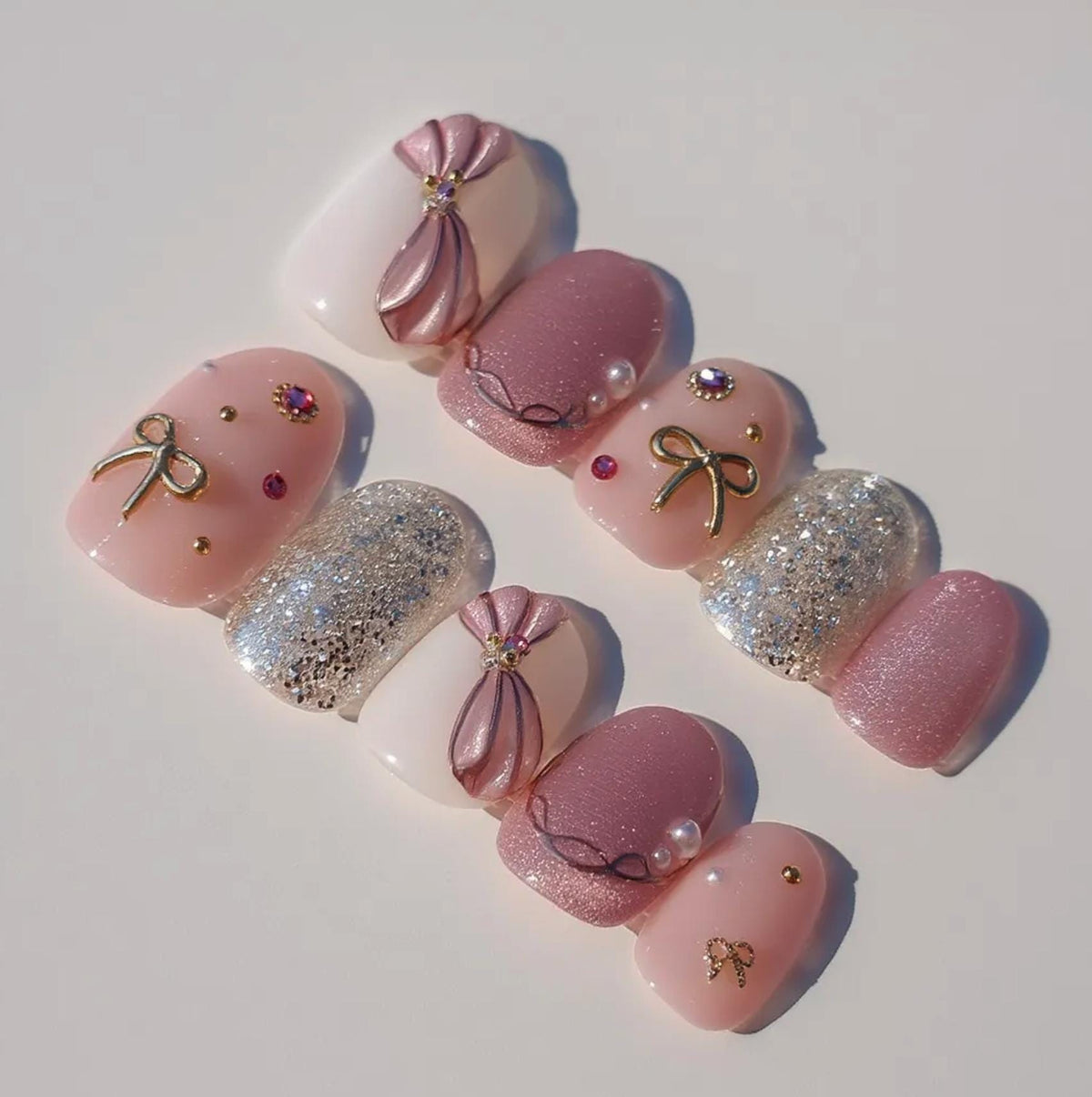 Pink Bow Glitter press-on Nails; Elegant Coquette Nail Set.