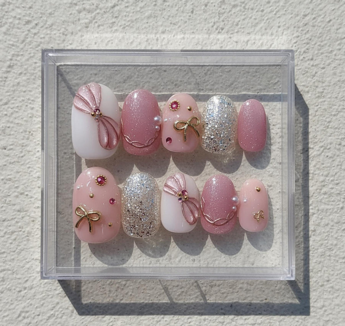 Pink Bow Glitter press-on Nails; Elegant Coquette Nail Set.