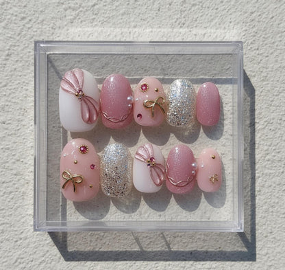 Pink Bow Glitter press-on Nails; Elegant Coquette Nail Set.