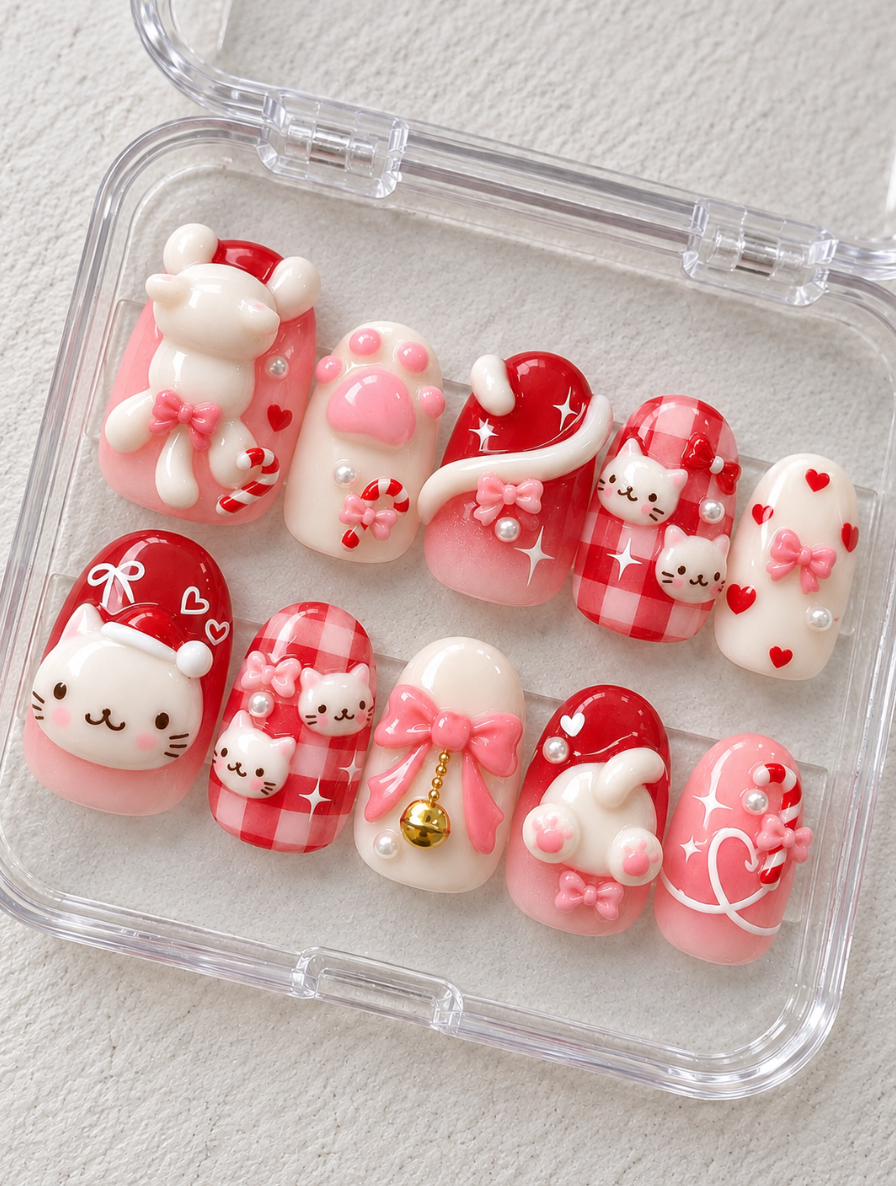 Pink Cat press-on Nails; 3D Bows, Candy Canes and Red Gingham Holiday Nail Art.