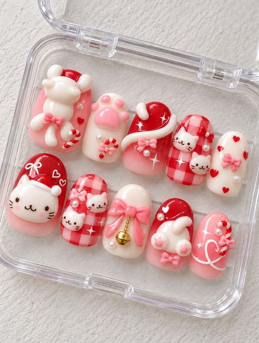 Pink Cat press-on Nails; 3D Bows, Candy Canes and Red Gingham Holiday Nail Art.