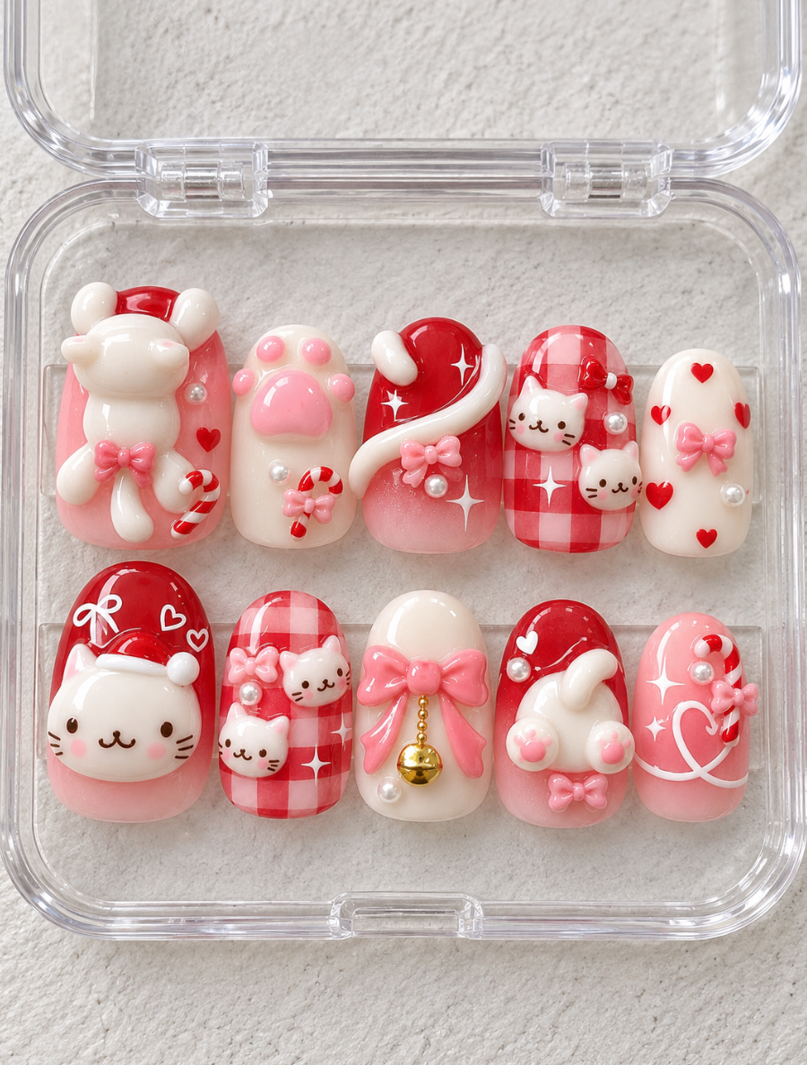 Pink Cat press-on Nails; 3D Bows, Candy Canes and Red Gingham Holiday Nail Art.