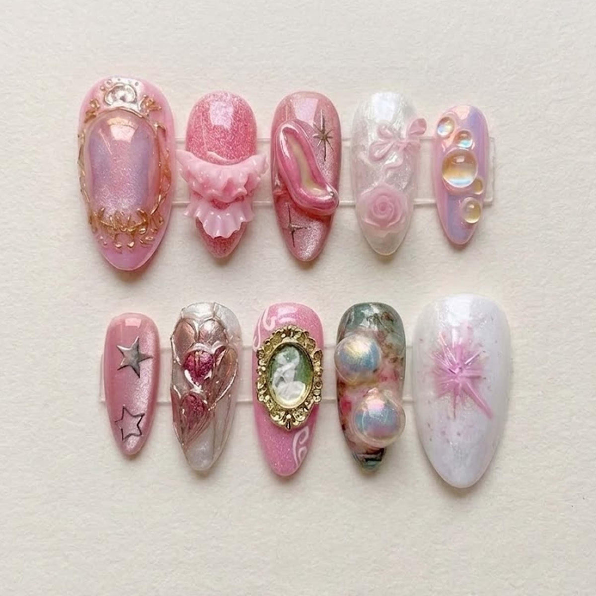 Pink Princess 3D Nails, Coquette Bow Heart Handmade Nails, Fairy Tale Glass Slipper Nail Art, Birthday Party Dream Nails.