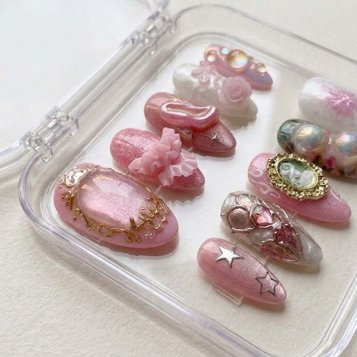 Pink Princess 3D Nails, Coquette Bow Heart Handmade Nails, Fairy Tale Glass Slipper Nail Art, Birthday Party Dream Nails.