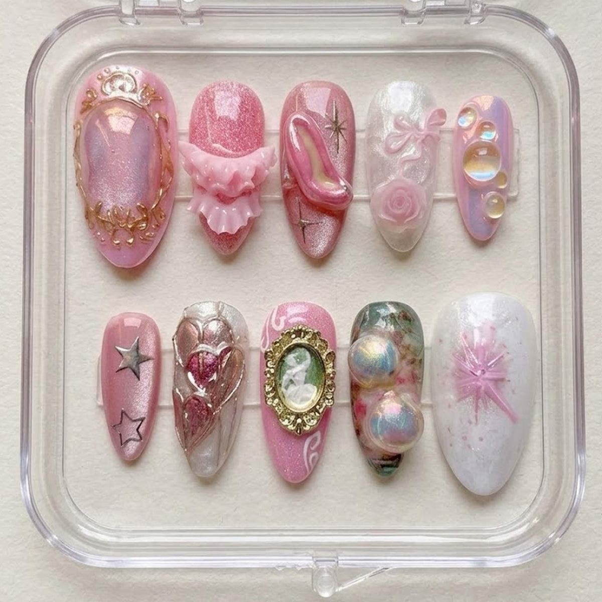 Pink Princess 3D Nails, Coquette Bow Heart Handmade Nails, Fairy Tale Glass Slipper Nail Art, Birthday Party Dream Nails.
