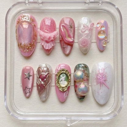 Pink Princess 3D Nails, Coquette Bow Heart Handmade Nails, Fairy Tale Glass Slipper Nail Art, Birthday Party Dream Nails.