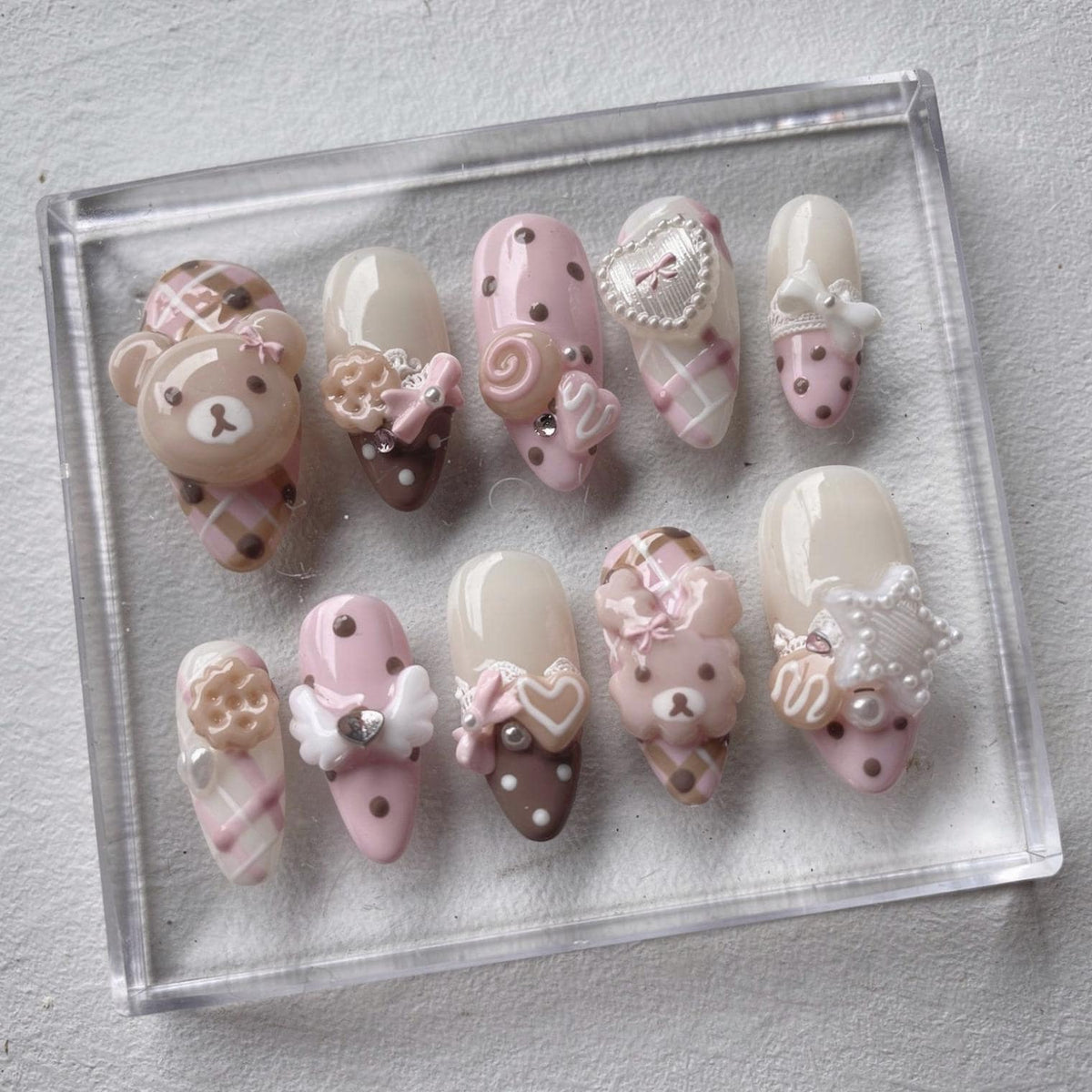 Pink Teddy Bear press-on Nails; Coquette Kawaii Nails.